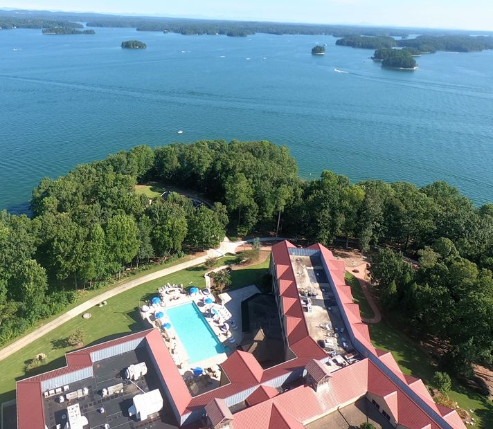 Drone photography of Lake Lanier Islands Legacy Lodge overlooking Lake Lanier