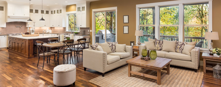 Drone photography residential real estate living room kitchen, Cumming Georgia